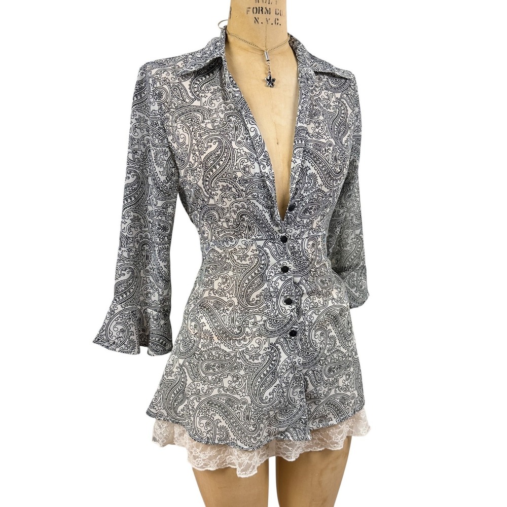Whimsygoth Paisley Sheer Button Up Top Flare Sleeves Dark Romantic Indie Size M - Picture 7 of 8